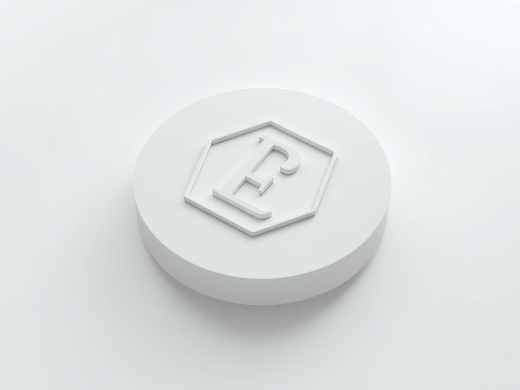 Minimalist 3D rendering of a geometric monogram on a matte white surface, with a single reflection of a softbox; clean, high-end, product shot style, 8K.